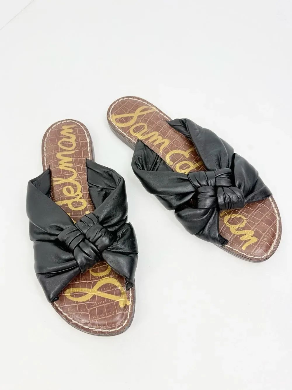 Sam Edelman GARSON Black Leather Woven Double Strap Cushioned Slide Sandals